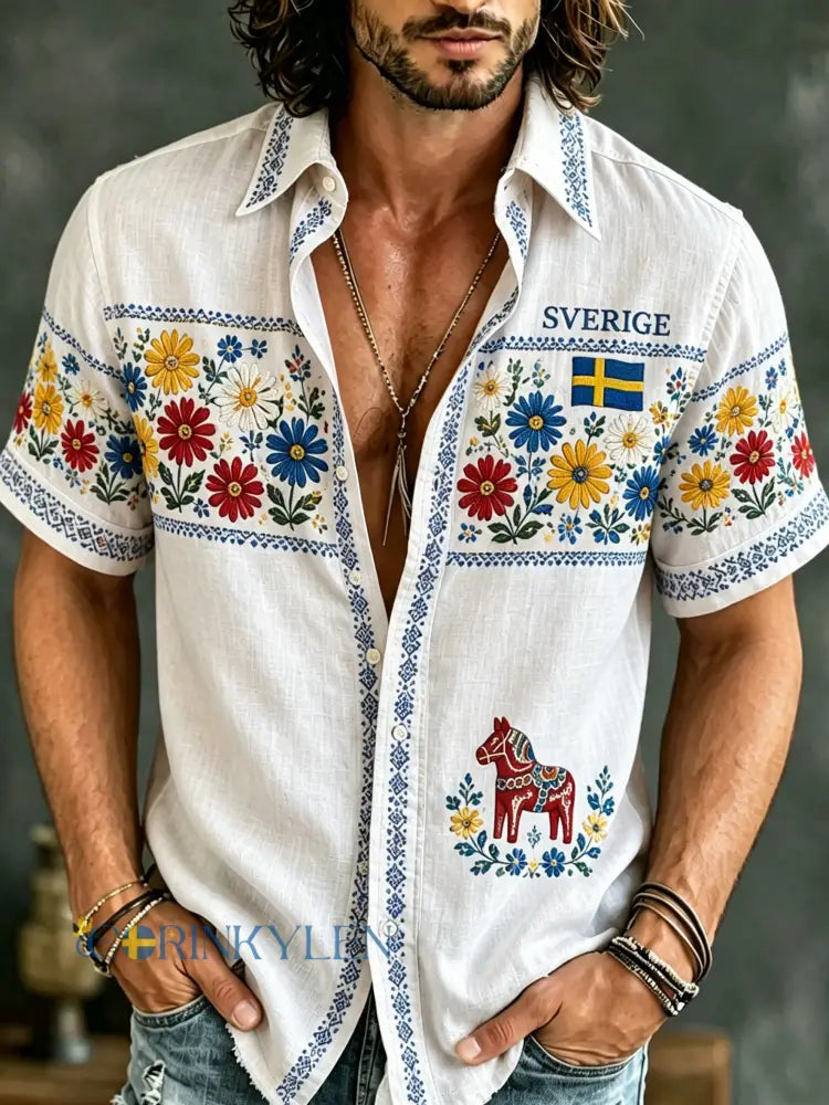 Herrskjorta med konsttryck för den svenska midsommarfesten kortärmad - A / S
