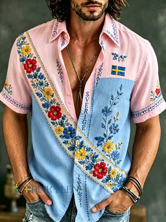 Herrskjorta med konsttryck för den svenska midsommarfesten kortärmad - A / S
