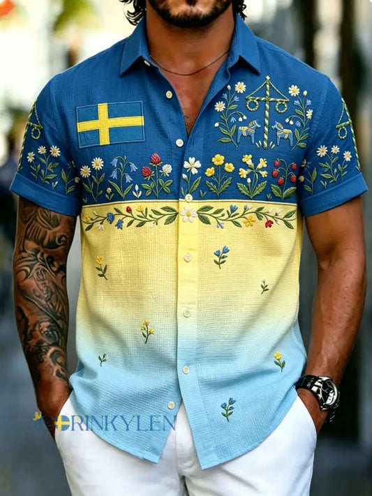 Herrskjorta med konsttryck i svensk midsommarstil våffelmönstrad kortärmad - blå / S