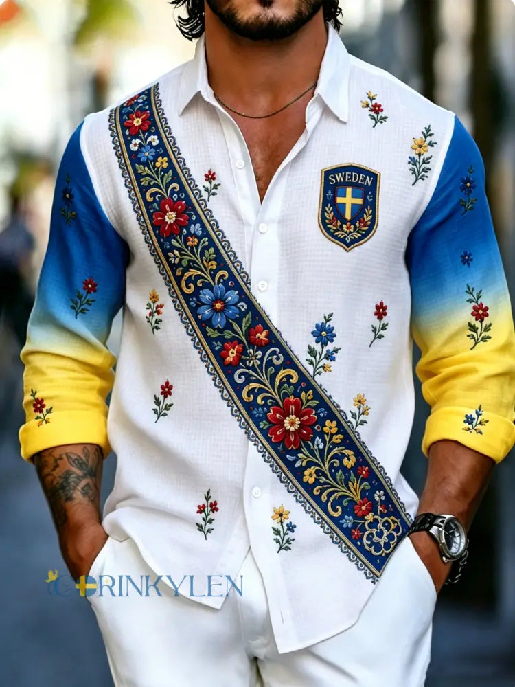 Herrskjorta med konsttryck långärmad till minne av svenska högtider och festivaler - A / S