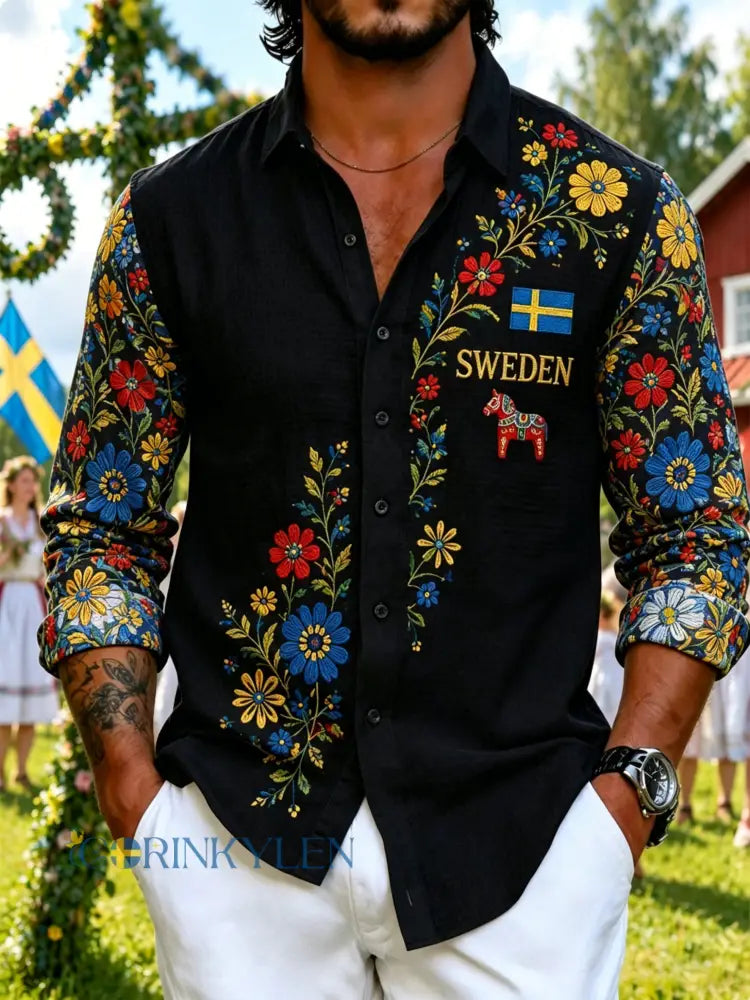 Herrskjorta med konsttryck som firar midsommardagen i Sverige långärmad - A / S