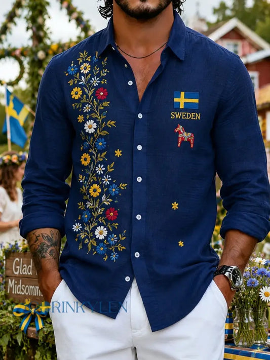 Herrskjorta med konsttryck som firar midsommardagen i Sverige långärmad - A / S