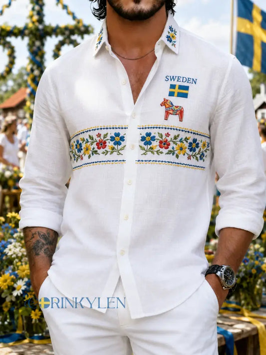 Herrskjorta med konsttryck som firar midsommardagen i Sverige långärmad - A / S