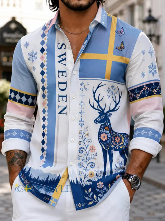Herrskjorta med konsttryck som hyllar den svenska midsommarfesten långärmad - A / S