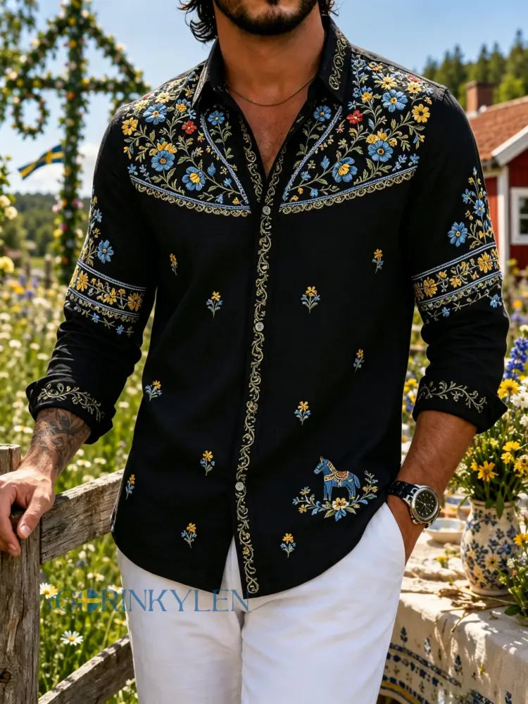 Herrskjorta med konsttryck som hyllar midsommardagen i Sverige långärmad - A / S