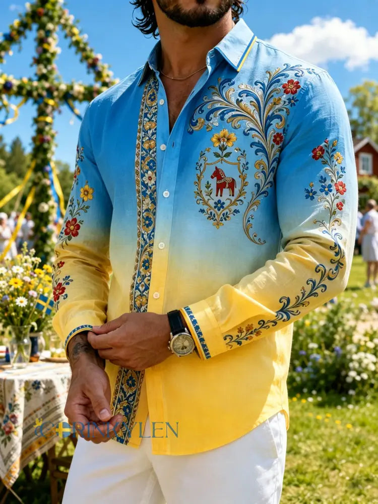 Herrskjorta med konsttryck som hyllar midsommardagen i Sverige långärmad - A / S