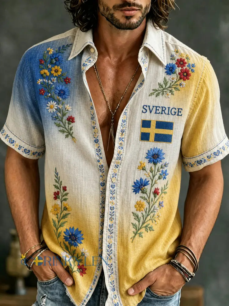 Herrskjorta med konsttryck till minne av midsommar och nationaldagen i Sverige - A / S