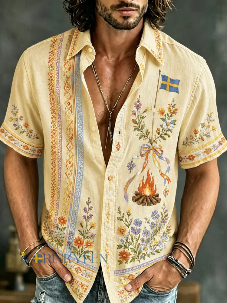 Herrskjorta med konsttryck till minne av midsommar och nationaldagen i Sverige - A / S