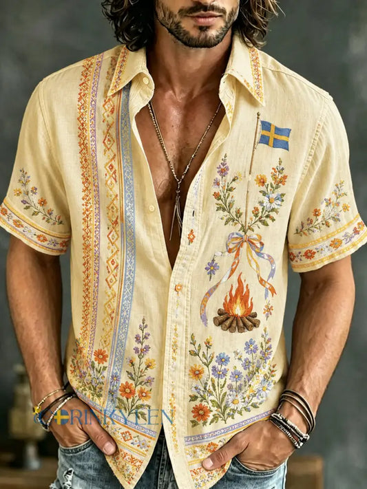 Herrskjorta med konsttryck till minne av midsommar och nationaldagen i Sverige - A / S