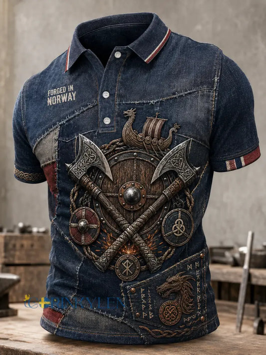 Herrskjorta med kort ärm föreställande norska vikingar - A / S
