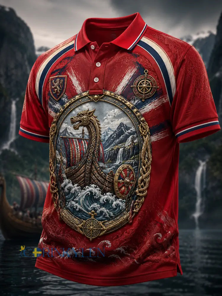 Herrskjorta med kort ärm föreställande norska vikingar - A / S