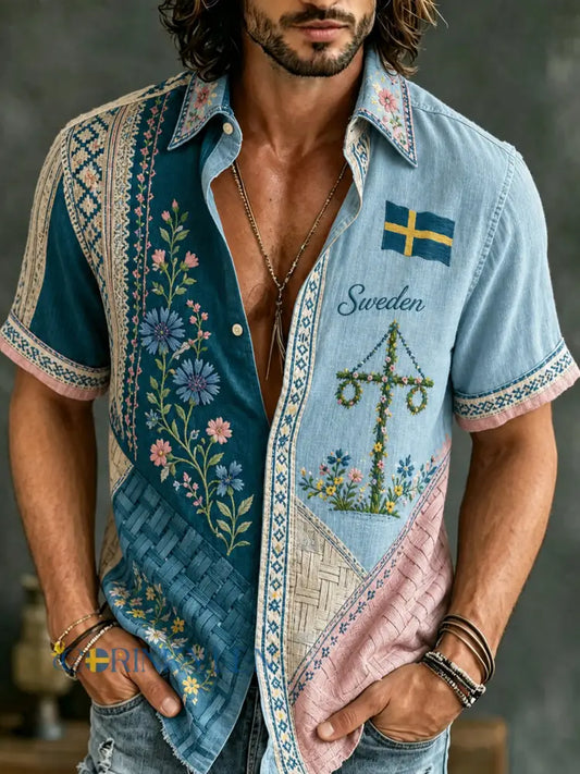 Herrskjorta med korta ärmar och konstnärlig tryck: Svensk midsommar- och nationaldagsminnesutgåva - A / S
