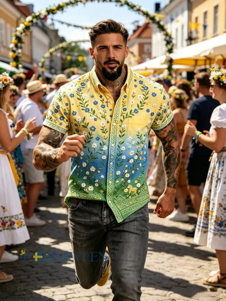 Herrskjorta med korta ärmar och konsttryck till minne av midsommarfesten - B / S