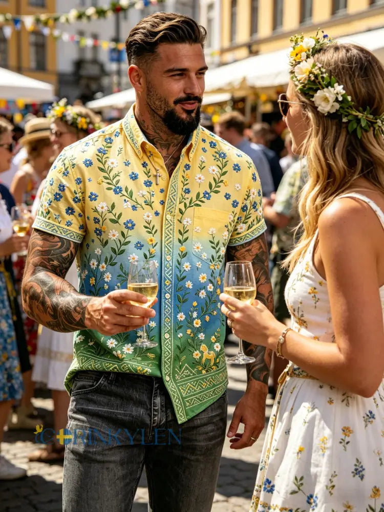 Herrskjorta med korta ärmar och konsttryck till minne av midsommarfesten - D / S