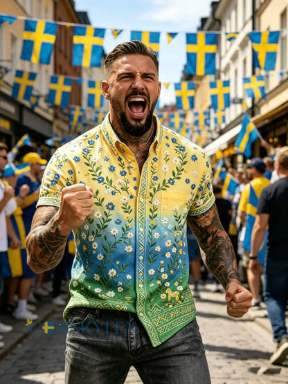 Herrskjorta med korta ärmar och konsttryck till minne av midsommarfesten - E / S