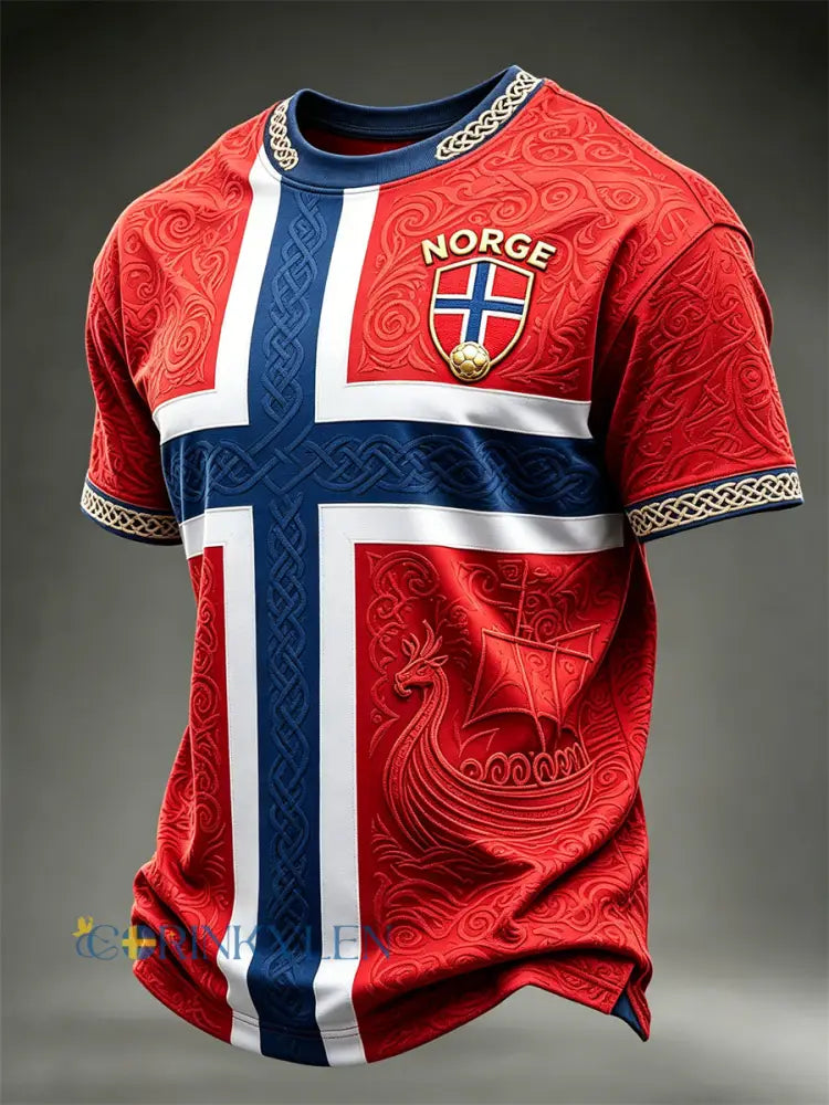 Herrskjorta med korta ärmar vikingaskepp Norge fotboll och flagga i blockfärgat mönster - röd / S