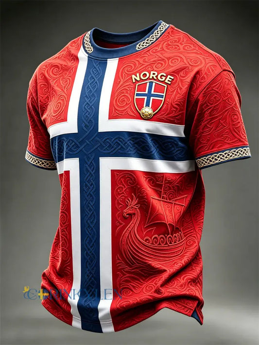 Herrskjorta med korta ärmar vikingaskepp Norge fotboll och flagga i blockfärgat mönster - röd / S