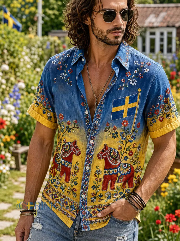 Herrskjorta med midsommarblommönster och korta ärmar - A / S
