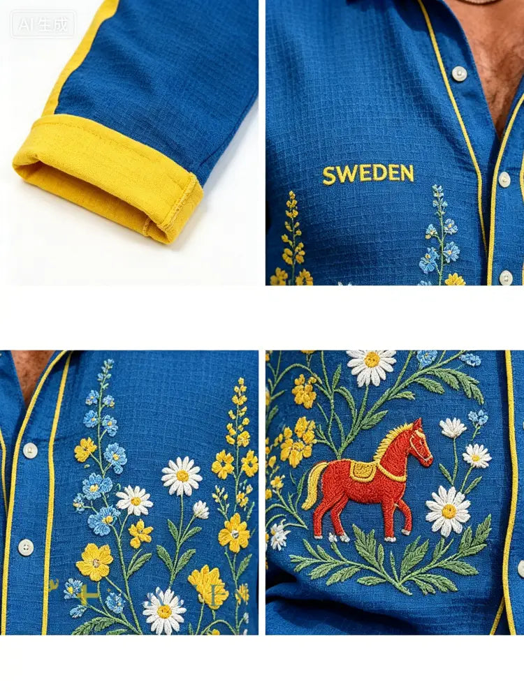 Herrskjorta med midsommarblommönster och våffelstruktur långärmad