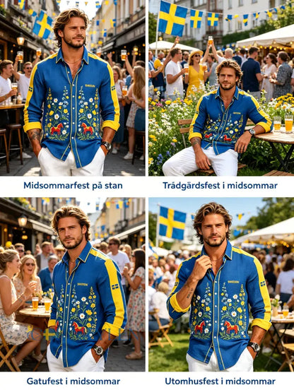 Herrskjorta med midsommarblommönster och våffelstruktur långärmad