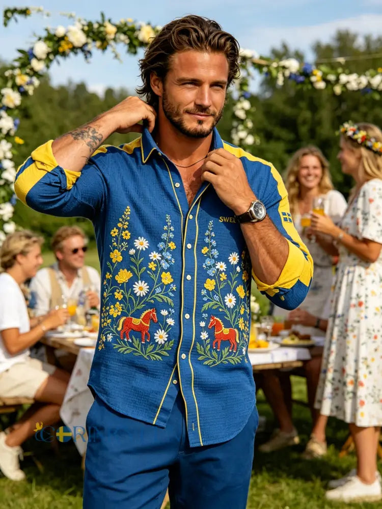 Herrskjorta med midsommarblommönster och våffelstruktur långärmad