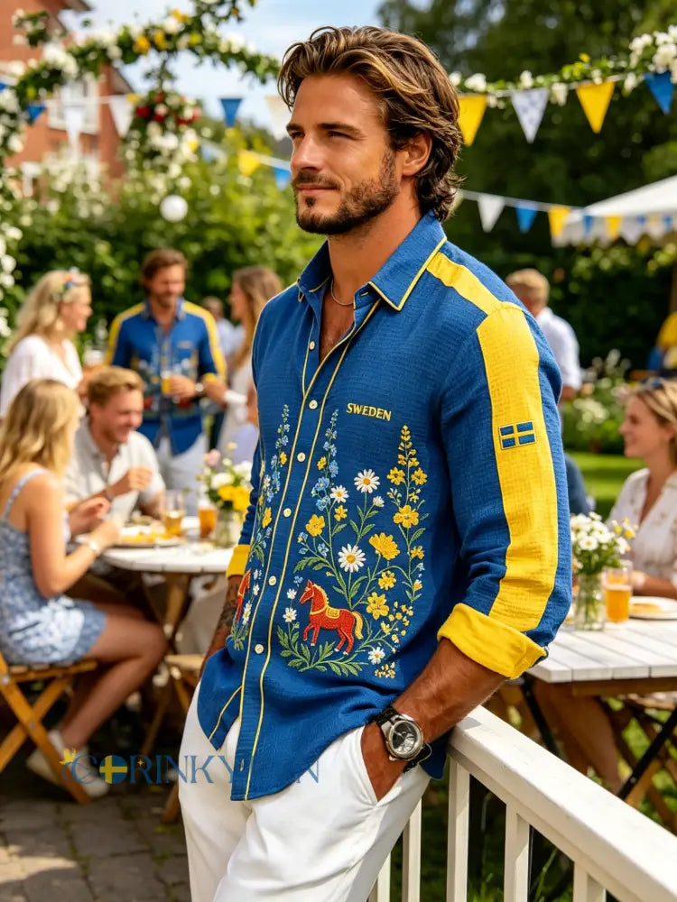 Herrskjorta med midsommarblommönster och våffelstruktur långärmad