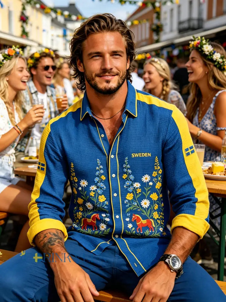 Herrskjorta med midsommarblommönster och våffelstruktur långärmad