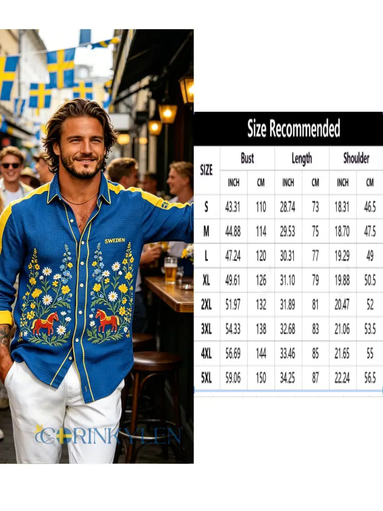Herrskjorta med midsommarblommönster och våffelstruktur långärmad