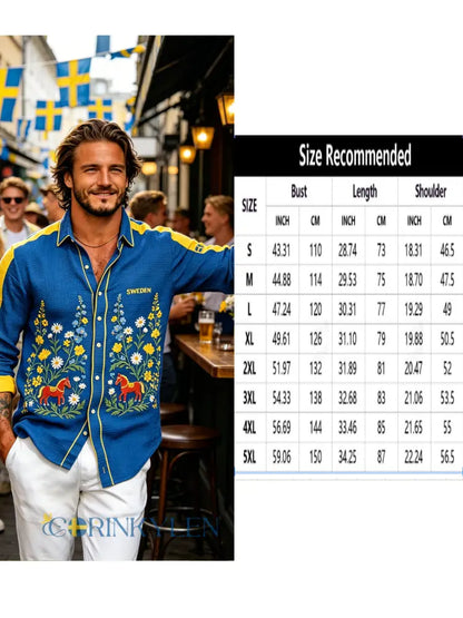 Herrskjorta med midsommarblommönster och våffelstruktur långärmad