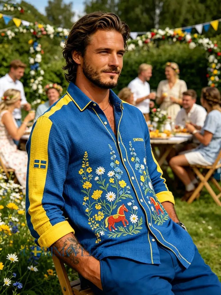 Herrskjorta med midsommarblommönster och våffelstruktur långärmad