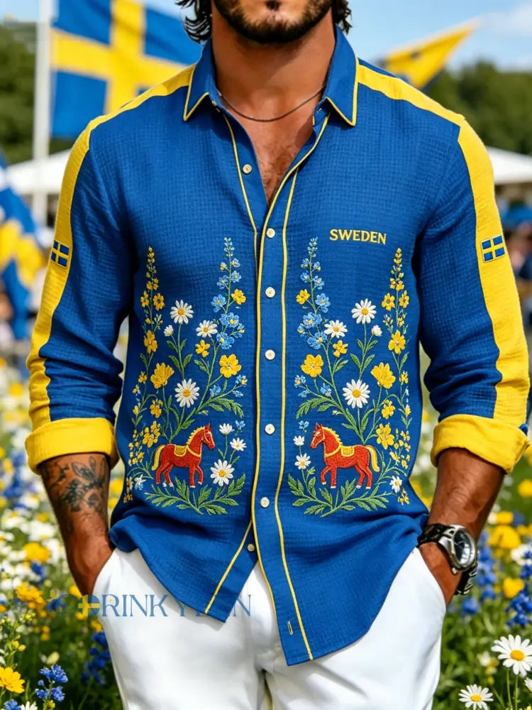 Herrskjorta med midsommarblommönster och våffelstruktur långärmad - A / S