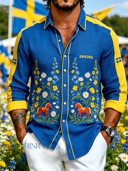 Herrskjorta med midsommarblommönster och våffelstruktur långärmad - A / S