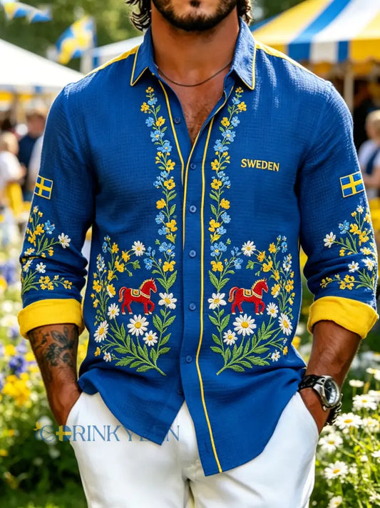 Herrskjorta med midsommarblommönster och våffelstruktur långärmad - A / S