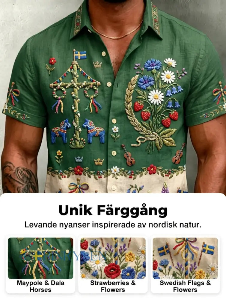 Herrskjortor i retrostil med svensk midsommar- och folkdräktsmotiv i bomull-linne kortärmade