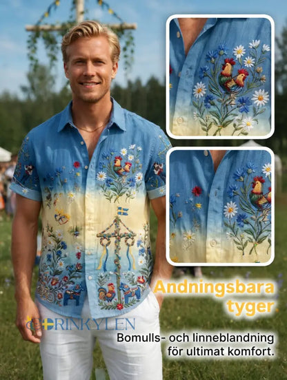 Herrskjortor i retrostil med svensk midsommar- och folkdräktsmotiv i bomull-linne kortärmade