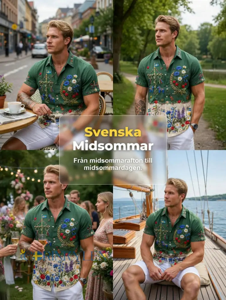 Herrskjortor i retrostil med svensk midsommar- och folkdräktsmotiv i bomull-linne kortärmade