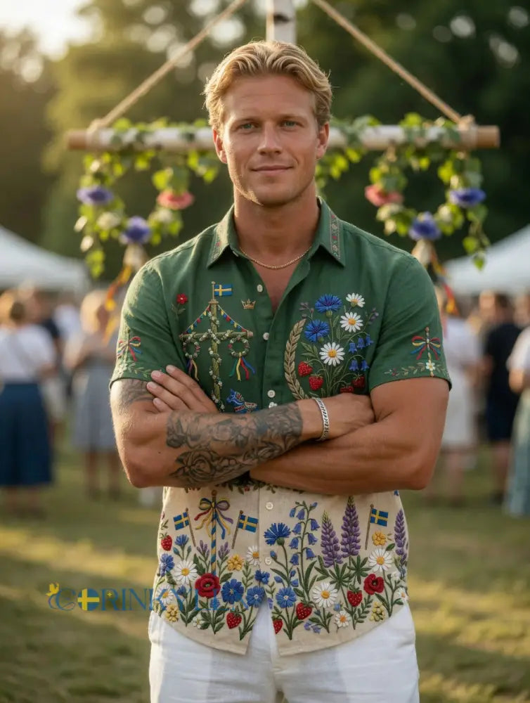 Herrskjortor i retrostil med svensk midsommar- och folkdräktsmotiv i bomull-linne kortärmade