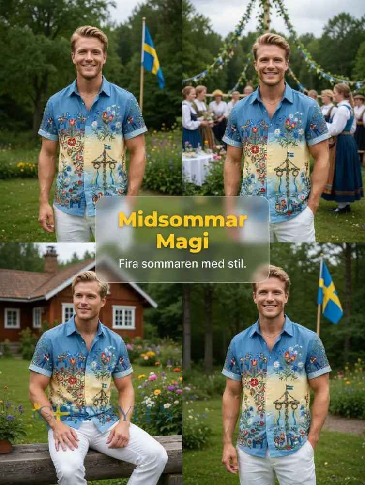 Herrskjortor i retrostil med svensk midsommar- och folkdräktsmotiv i bomull-linne kortärmade