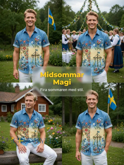 Herrskjortor i retrostil med svensk midsommar- och folkdräktsmotiv i bomull-linne kortärmade