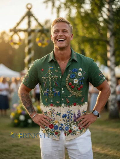 Herrskjortor i retrostil med svensk midsommar- och folkdräktsmotiv i bomull-linne kortärmade