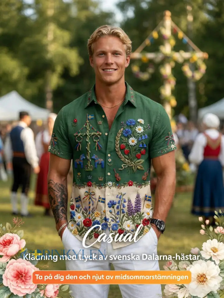 Herrskjortor i retrostil med svensk midsommar- och folkdräktsmotiv i bomull-linne kortärmade