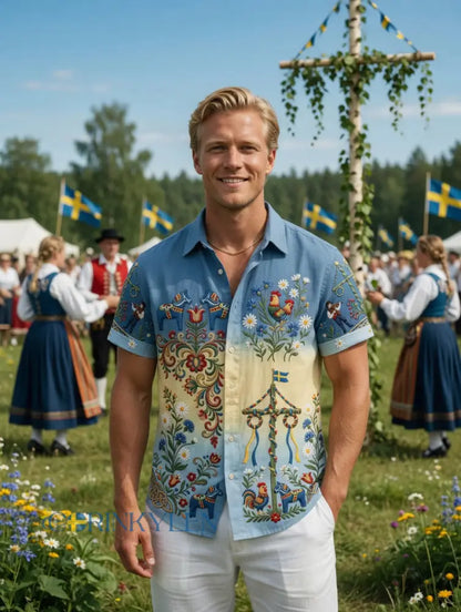Herrskjortor i retrostil med svensk midsommar- och folkdräktsmotiv i bomull-linne kortärmade