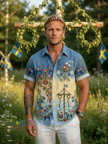 Herrskjortor i retrostil med svensk midsommar- och folkdräktsmotiv i bomull-linne kortärmade