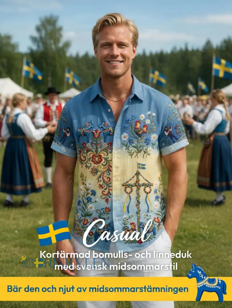 Herrskjortor i retrostil med svensk midsommar- och folkdräktsmotiv i bomull-linne kortärmade