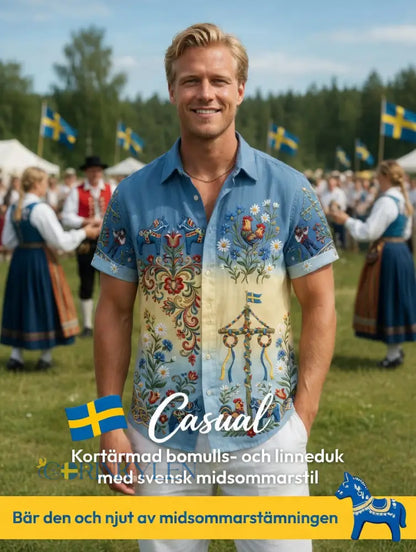 Herrskjortor i retrostil med svensk midsommar- och folkdräktsmotiv i bomull-linne kortärmade