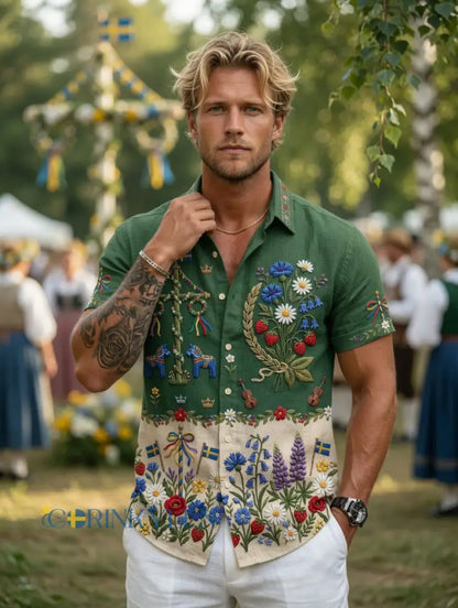 Herrskjortor i retrostil med svensk midsommar- och folkdräktsmotiv i bomull-linne kortärmade