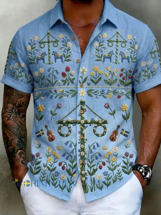 Herrskjortor i retrostil med svensk midsommar- och folkdräktsmotiv i bomull-linne kortärmade - blå / S