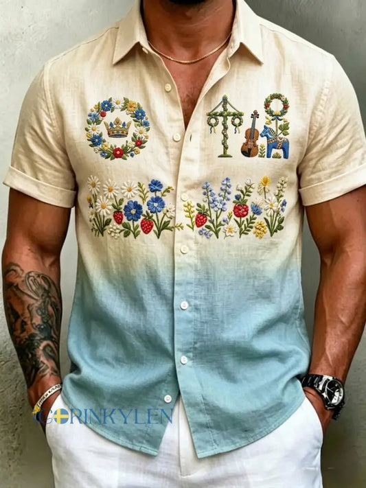 Herrskjortor i retrostil med svensk midsommar- och folkdräktsmotiv i bomull-linne kortärmade - blå / S