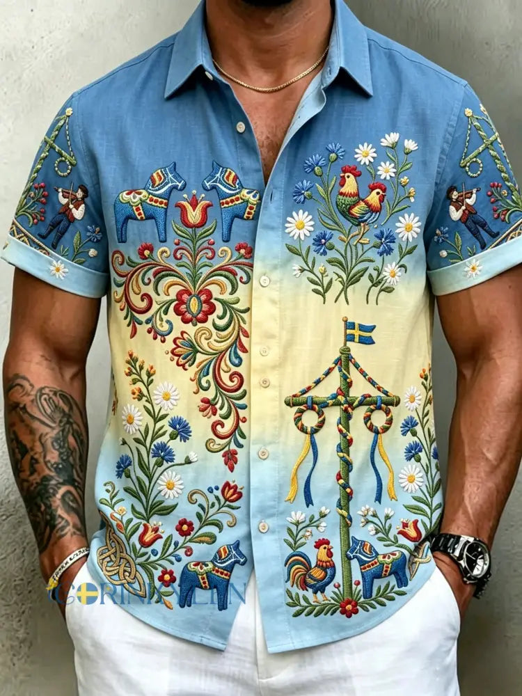 Herrskjortor i retrostil med svensk midsommar- och folkdräktsmotiv i bomull-linne kortärmade - blå / S
