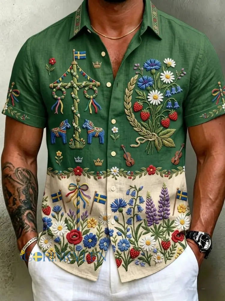 Herrskjortor i retrostil med svensk midsommar- och folkdräktsmotiv i bomull-linne kortärmade - grönt / S
